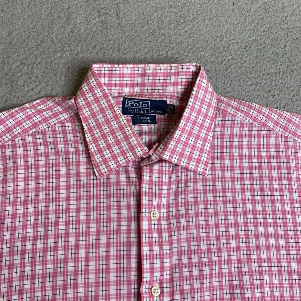 Polo Ralph Lauren Shirt Mens 16.5-34 Pink Plaid Button Up French Cuff Preppy